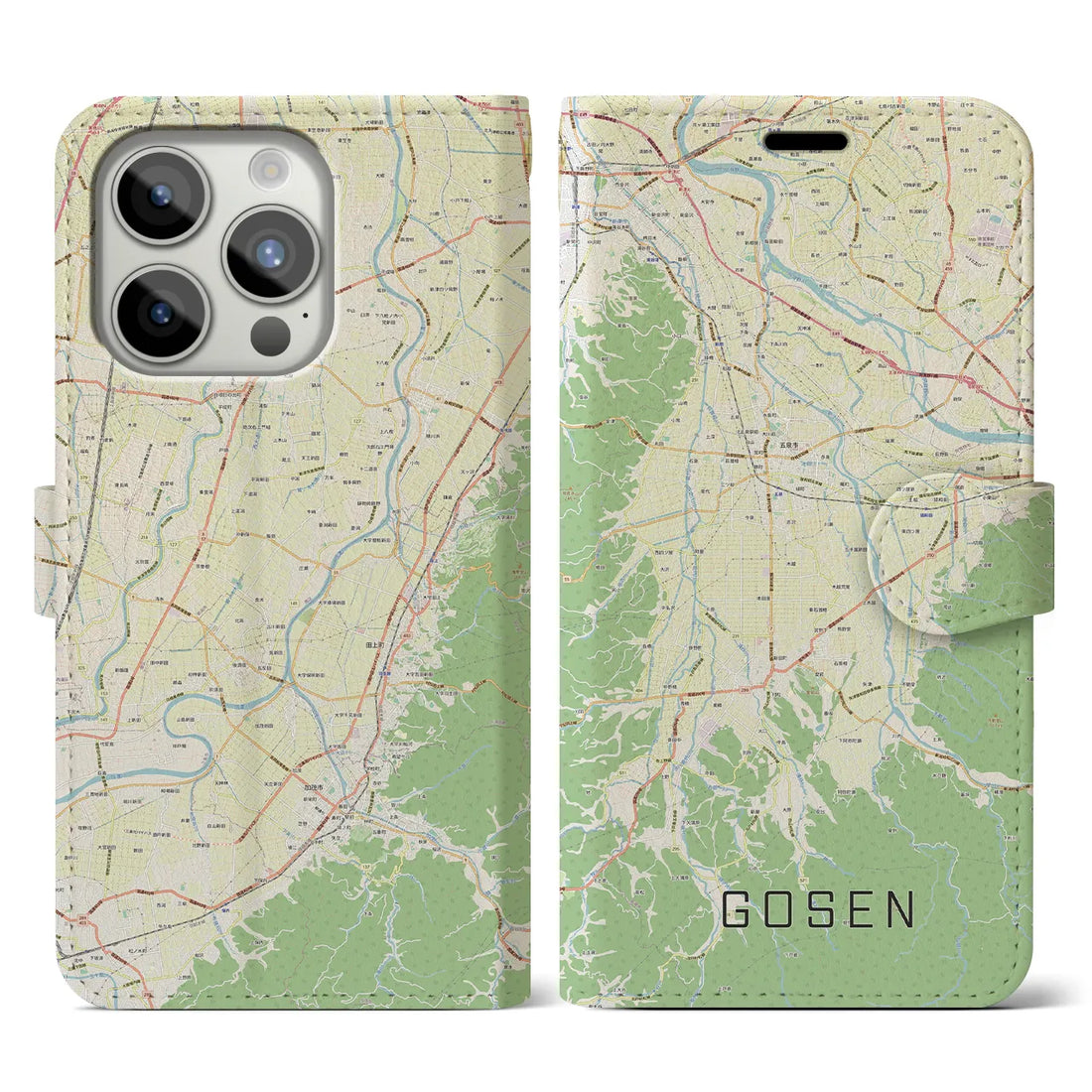 【五泉】地図柄iPhoneケース（手帳両面タイプ・ナチュラル）iPhone 15 Pro 用
