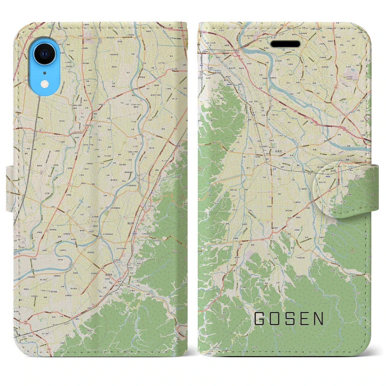 【五泉】地図柄iPhoneケース（手帳両面タイプ・ナチュラル）iPhone XR 用