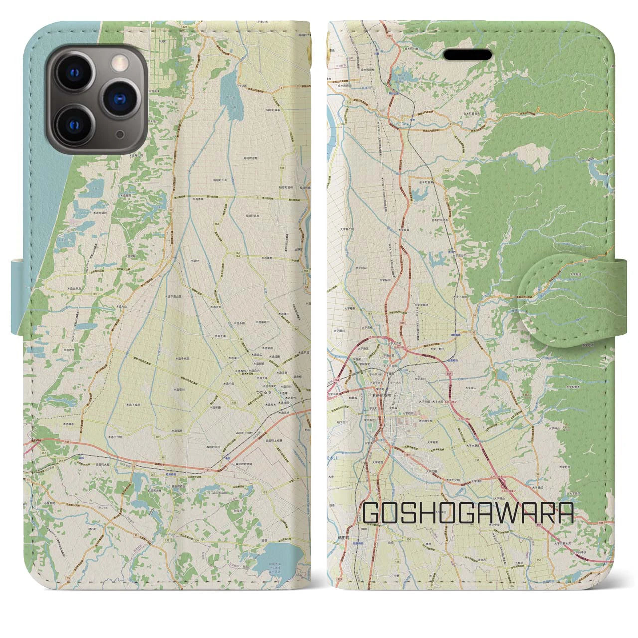 【五所川原】地図柄iPhoneケース（手帳両面タイプ・ナチュラル）iPhone 11 Pro Max 用