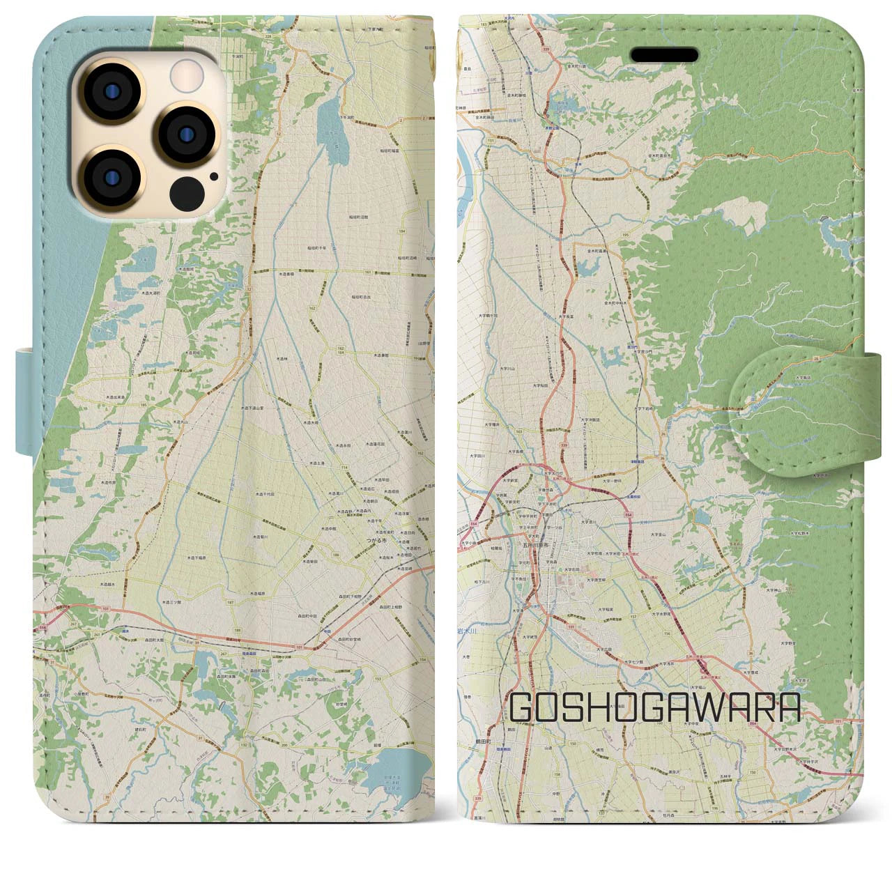 【五所川原】地図柄iPhoneケース（手帳両面タイプ・ナチュラル）iPhone 12 Pro Max 用