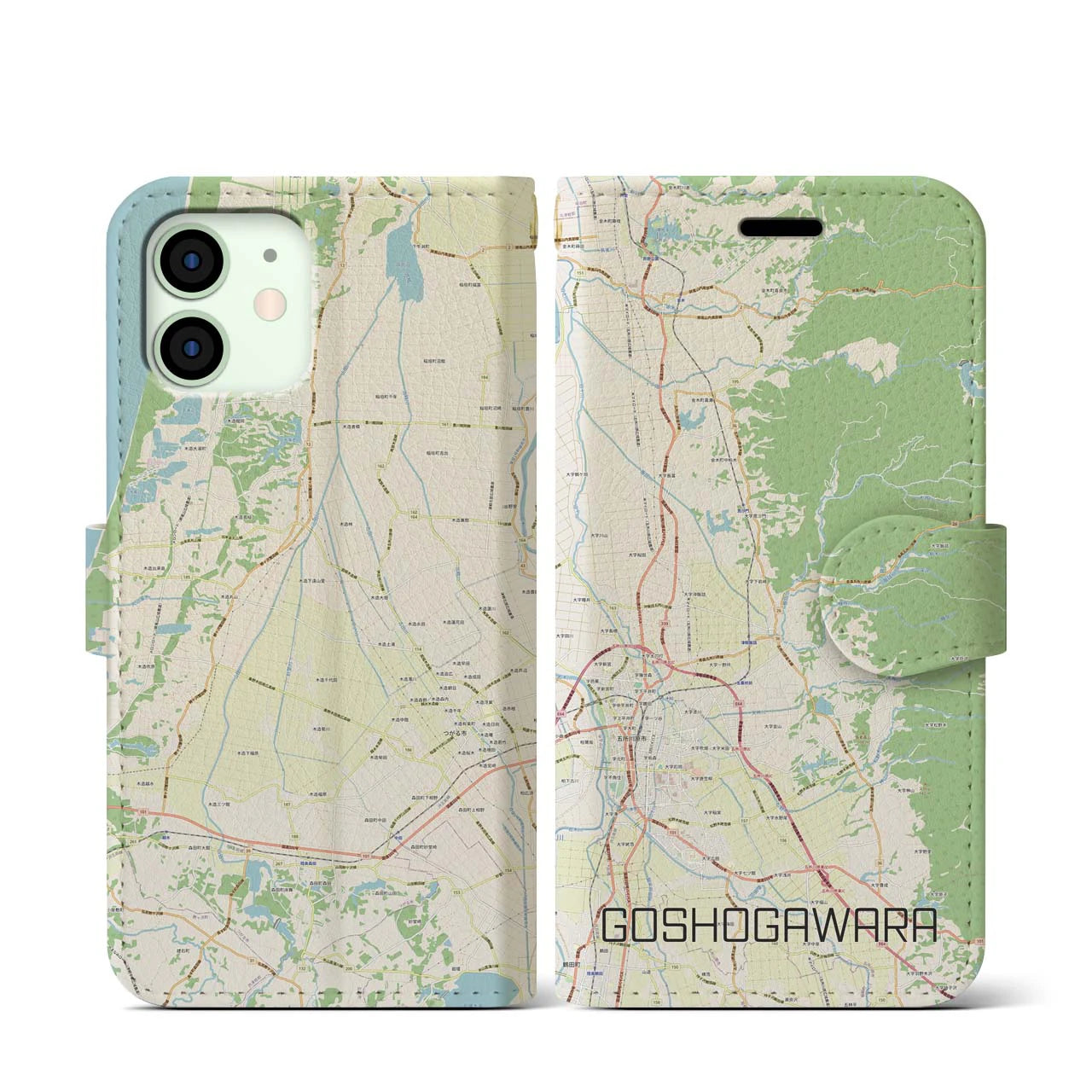 【五所川原】地図柄iPhoneケース（手帳両面タイプ・ナチュラル）iPhone 12 mini 用