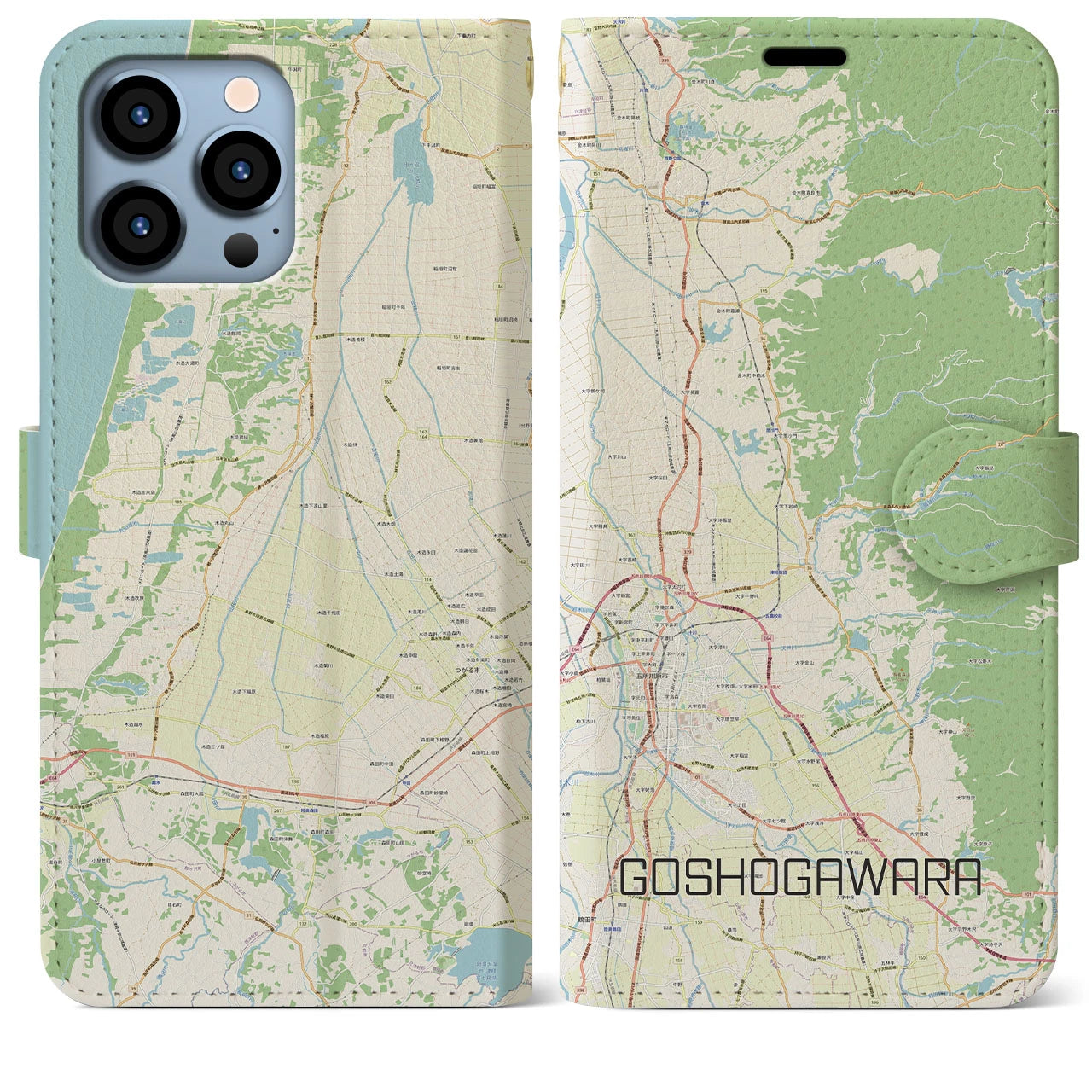 【五所川原】地図柄iPhoneケース（手帳両面タイプ・ナチュラル）iPhone 13 Pro Max 用