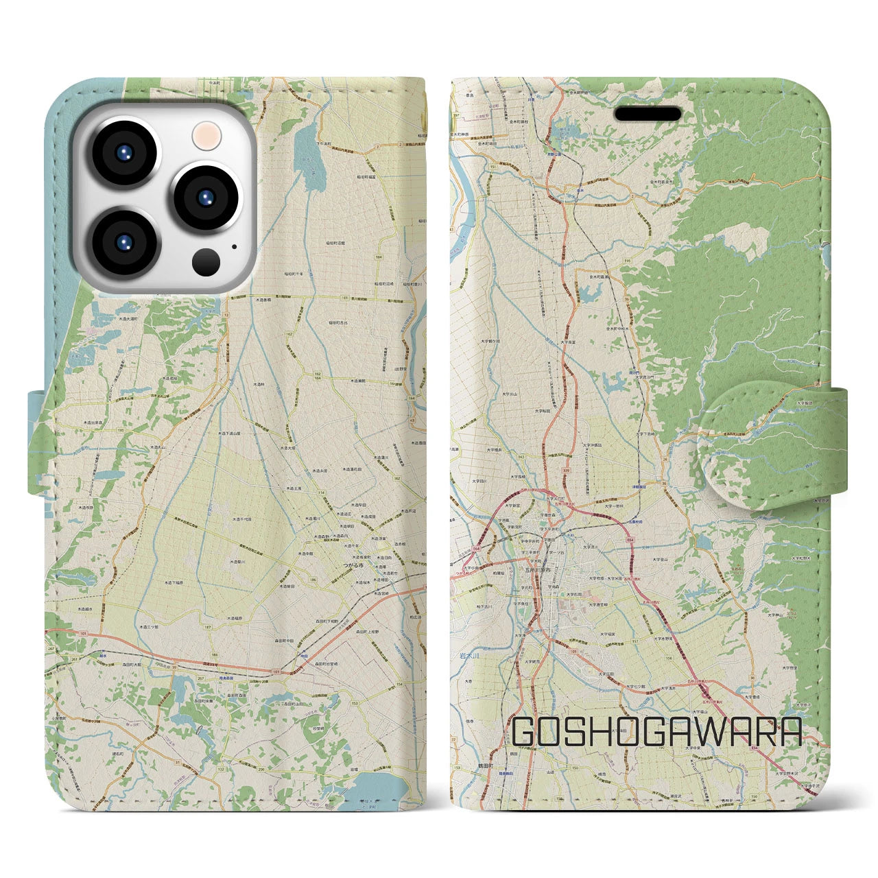 【五所川原】地図柄iPhoneケース（手帳両面タイプ・ナチュラル）iPhone 13 Pro 用