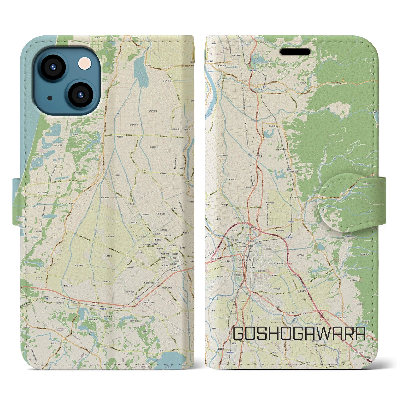 【五所川原】地図柄iPhoneケース（手帳両面タイプ・ナチュラル）iPhone 13 用