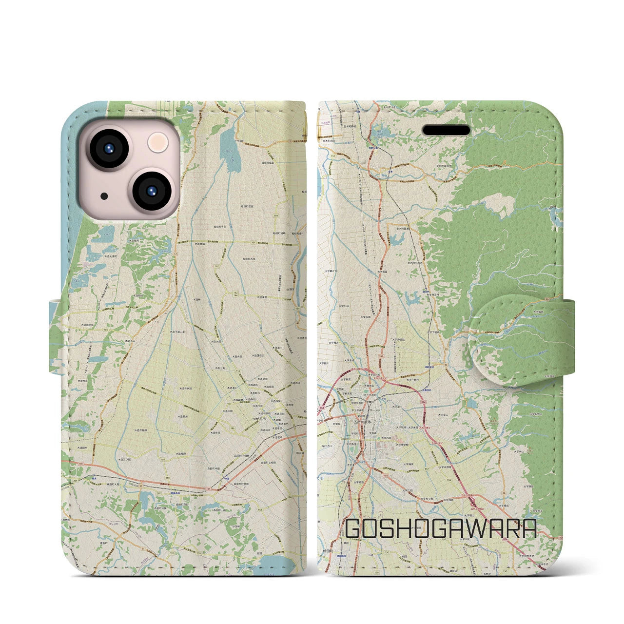 【五所川原】地図柄iPhoneケース（手帳両面タイプ・ナチュラル）iPhone 13 mini 用