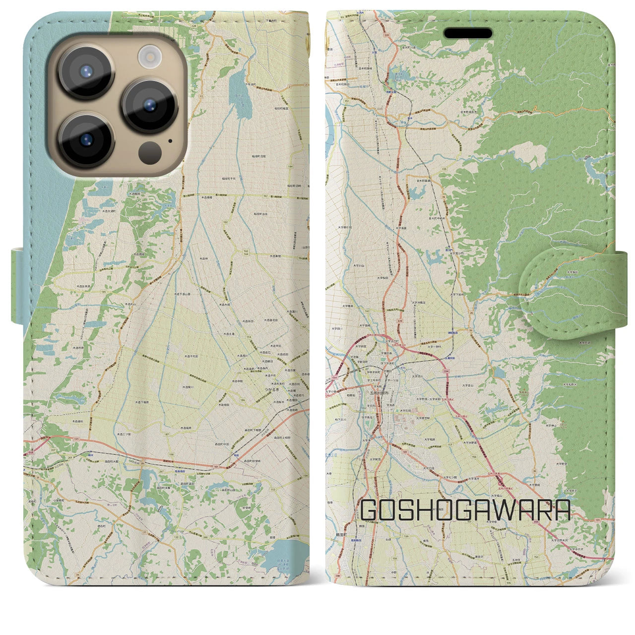 【五所川原】地図柄iPhoneケース（手帳両面タイプ・ナチュラル）iPhone 14 Pro Max 用