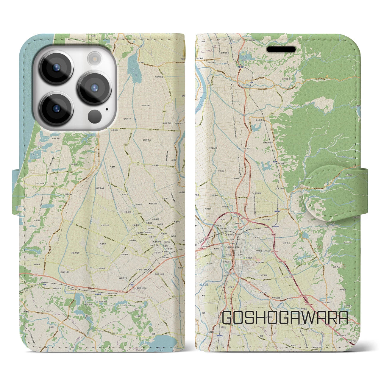 【五所川原】地図柄iPhoneケース（手帳両面タイプ・ナチュラル）iPhone 14 Pro 用