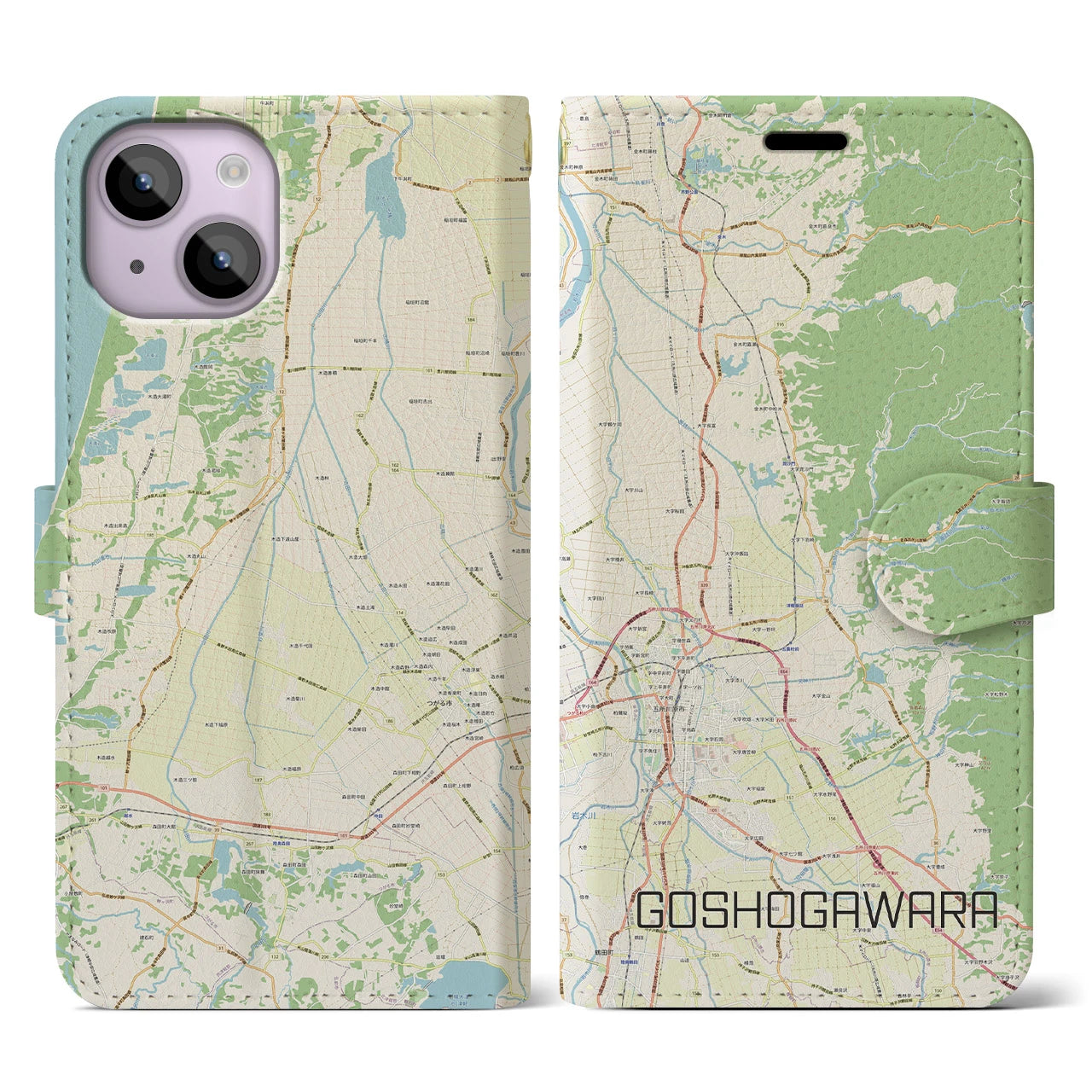 【五所川原】地図柄iPhoneケース（手帳両面タイプ・ナチュラル）iPhone 14 用