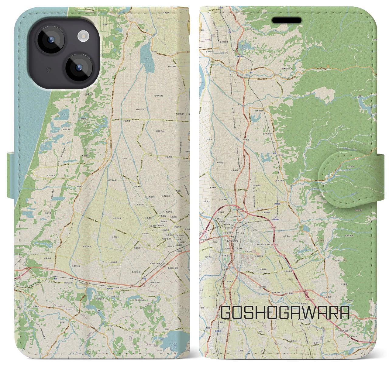 【五所川原】地図柄iPhoneケース（手帳両面タイプ・ナチュラル）iPhone 14 Plus 用