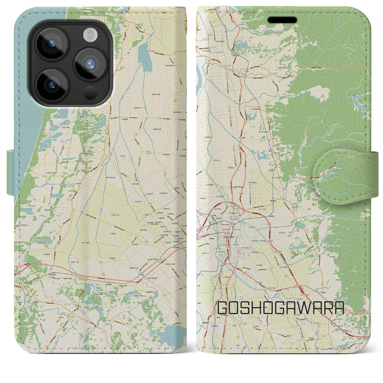 【五所川原】地図柄iPhoneケース（手帳両面タイプ・ナチュラル）iPhone 15 Pro Max 用