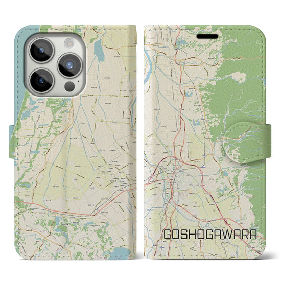 【五所川原】地図柄iPhoneケース（手帳両面タイプ・ナチュラル）iPhone 15 Pro 用