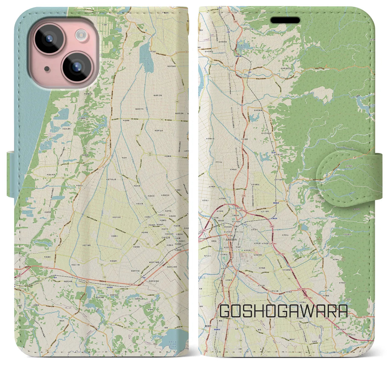 【五所川原】地図柄iPhoneケース（手帳両面タイプ・ナチュラル）iPhone 15 Plus 用
