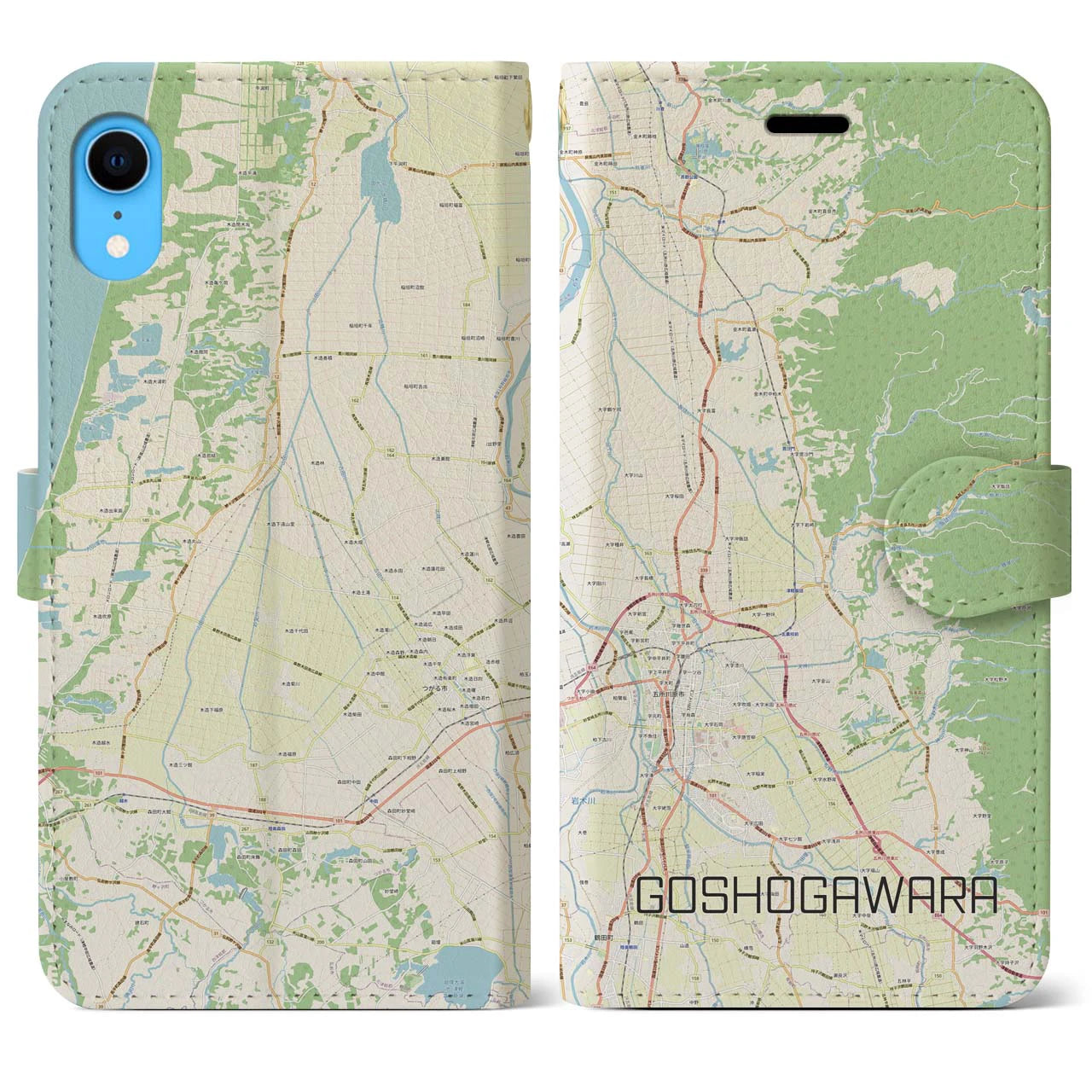【五所川原】地図柄iPhoneケース（手帳両面タイプ・ナチュラル）iPhone XR 用