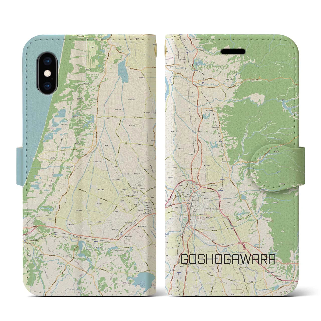 【五所川原】地図柄iPhoneケース（手帳両面タイプ・ナチュラル）iPhone XS / X 用