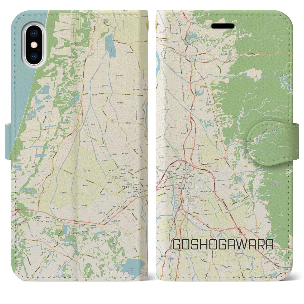 【五所川原】地図柄iPhoneケース（手帳両面タイプ・ナチュラル）iPhone XS Max 用