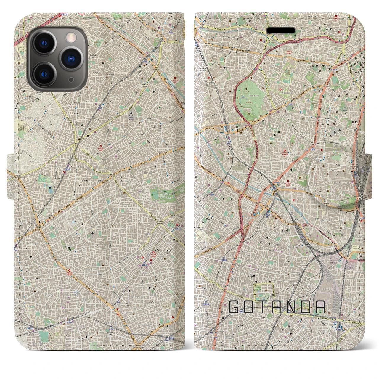 【五反田】地図柄iPhoneケース（手帳両面タイプ・ナチュラル）iPhone 11 Pro Max 用
