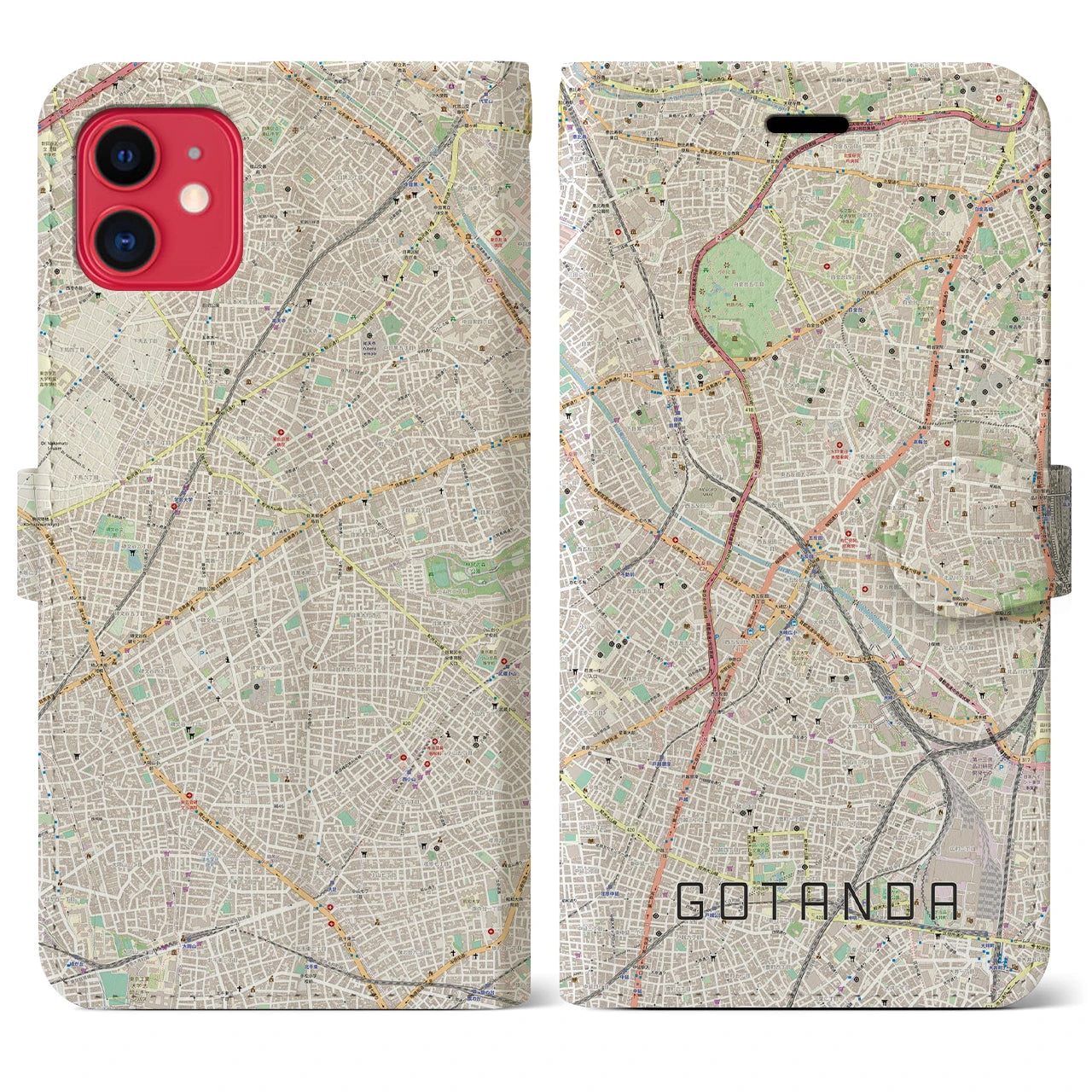 【五反田】地図柄iPhoneケース（手帳両面タイプ・ナチュラル）iPhone 11 用