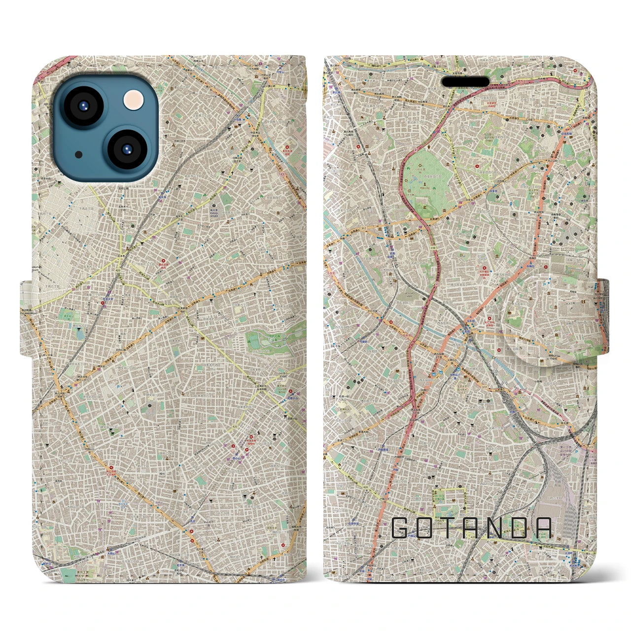 【五反田】地図柄iPhoneケース（手帳両面タイプ・ナチュラル）iPhone 13 用