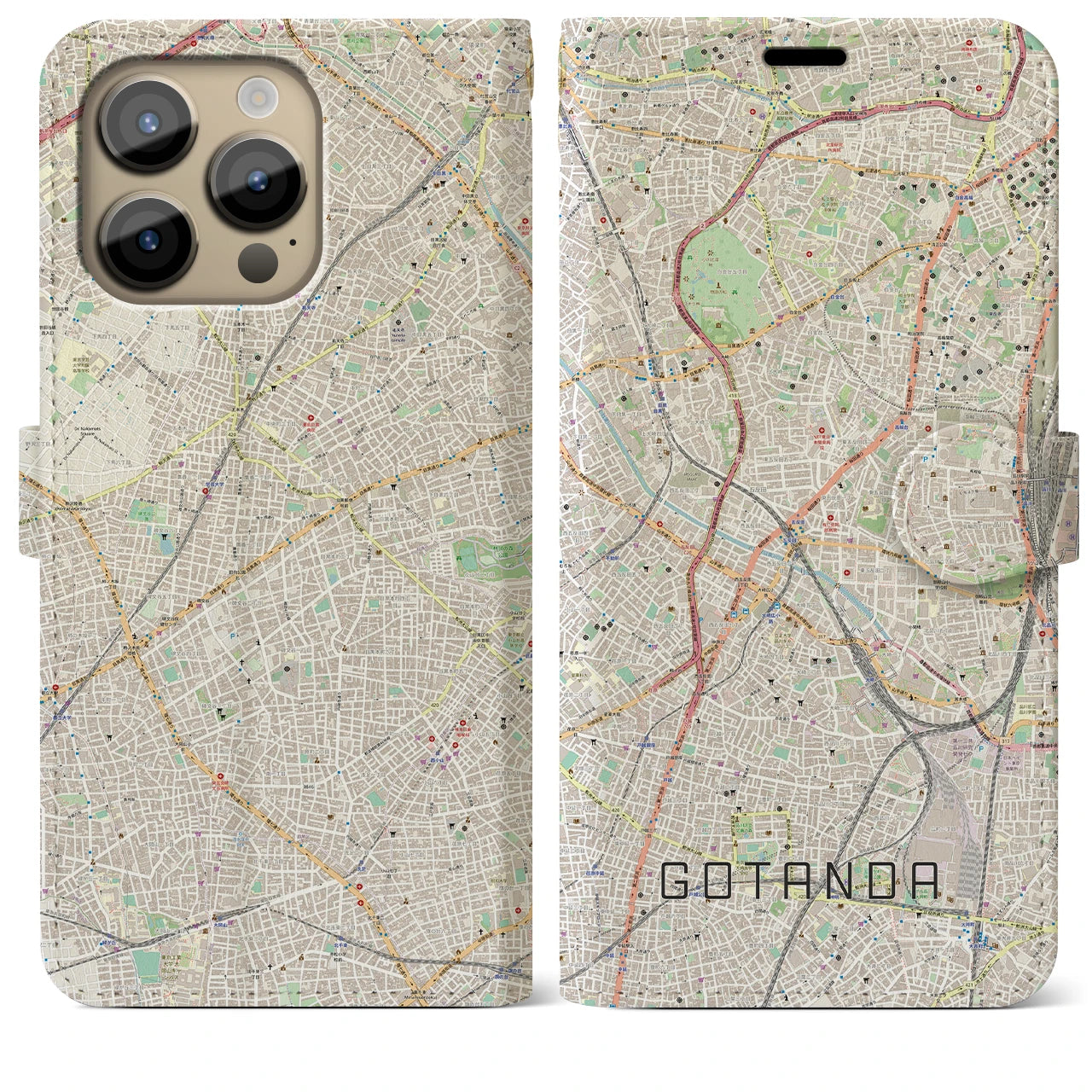 【五反田】地図柄iPhoneケース（手帳両面タイプ・ナチュラル）iPhone 14 Pro Max 用