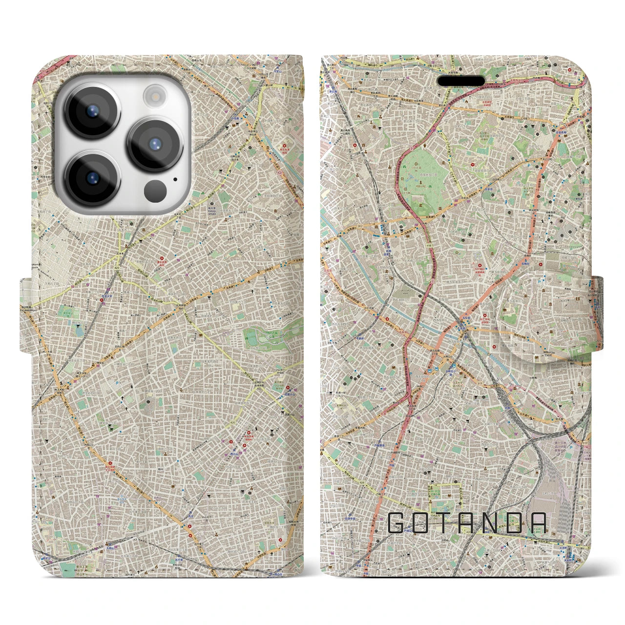 【五反田】地図柄iPhoneケース（手帳両面タイプ・ナチュラル）iPhone 14 Pro 用