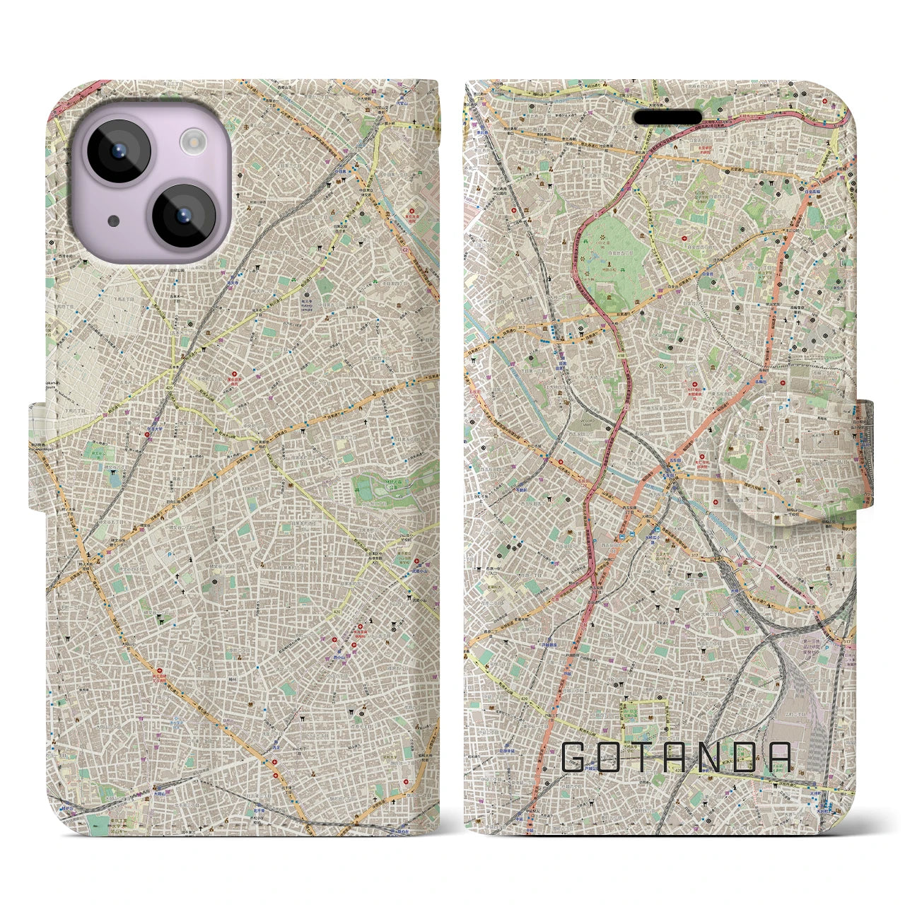【五反田】地図柄iPhoneケース（手帳両面タイプ・ナチュラル）iPhone 14 用