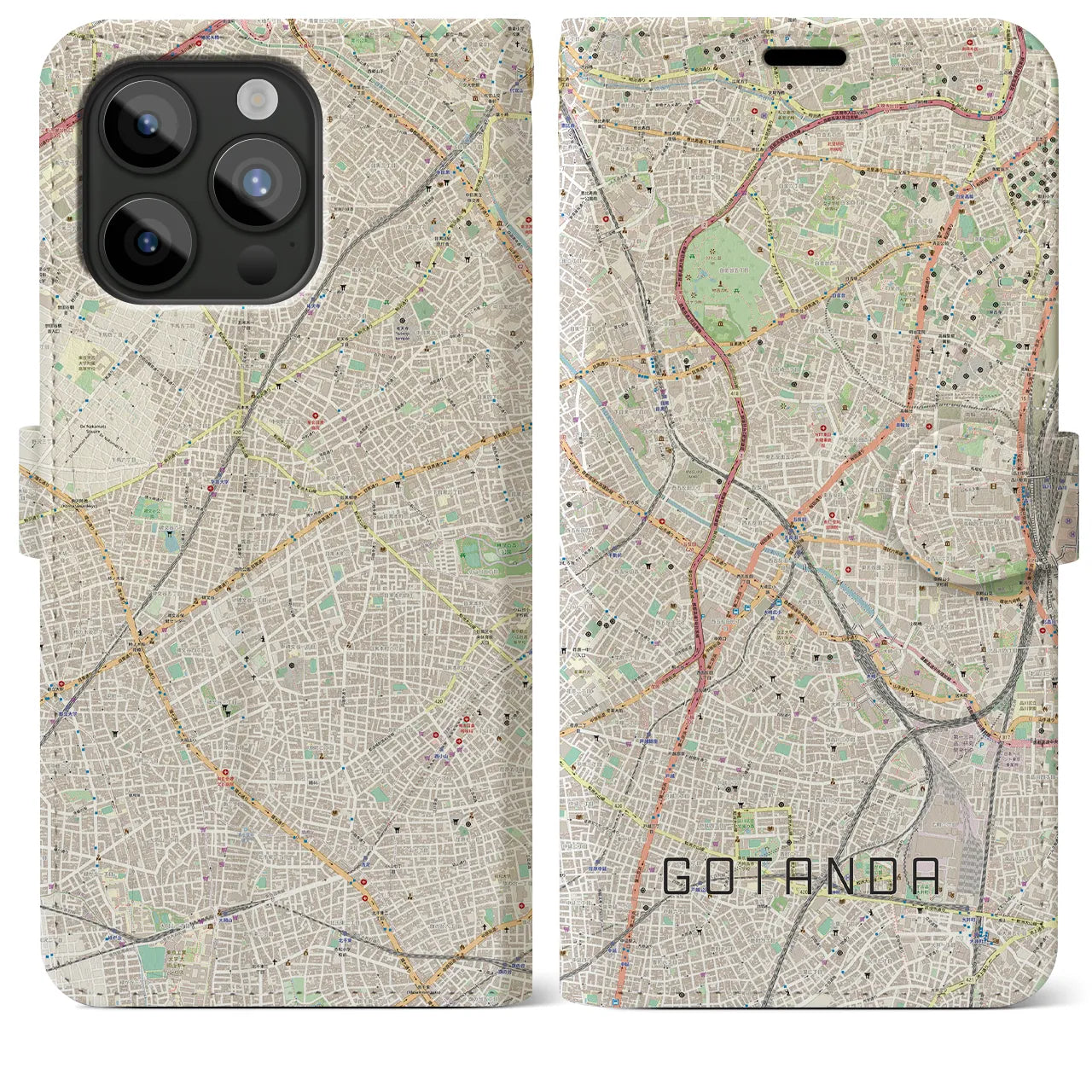 【五反田】地図柄iPhoneケース（手帳両面タイプ・ナチュラル）iPhone 15 Pro Max 用