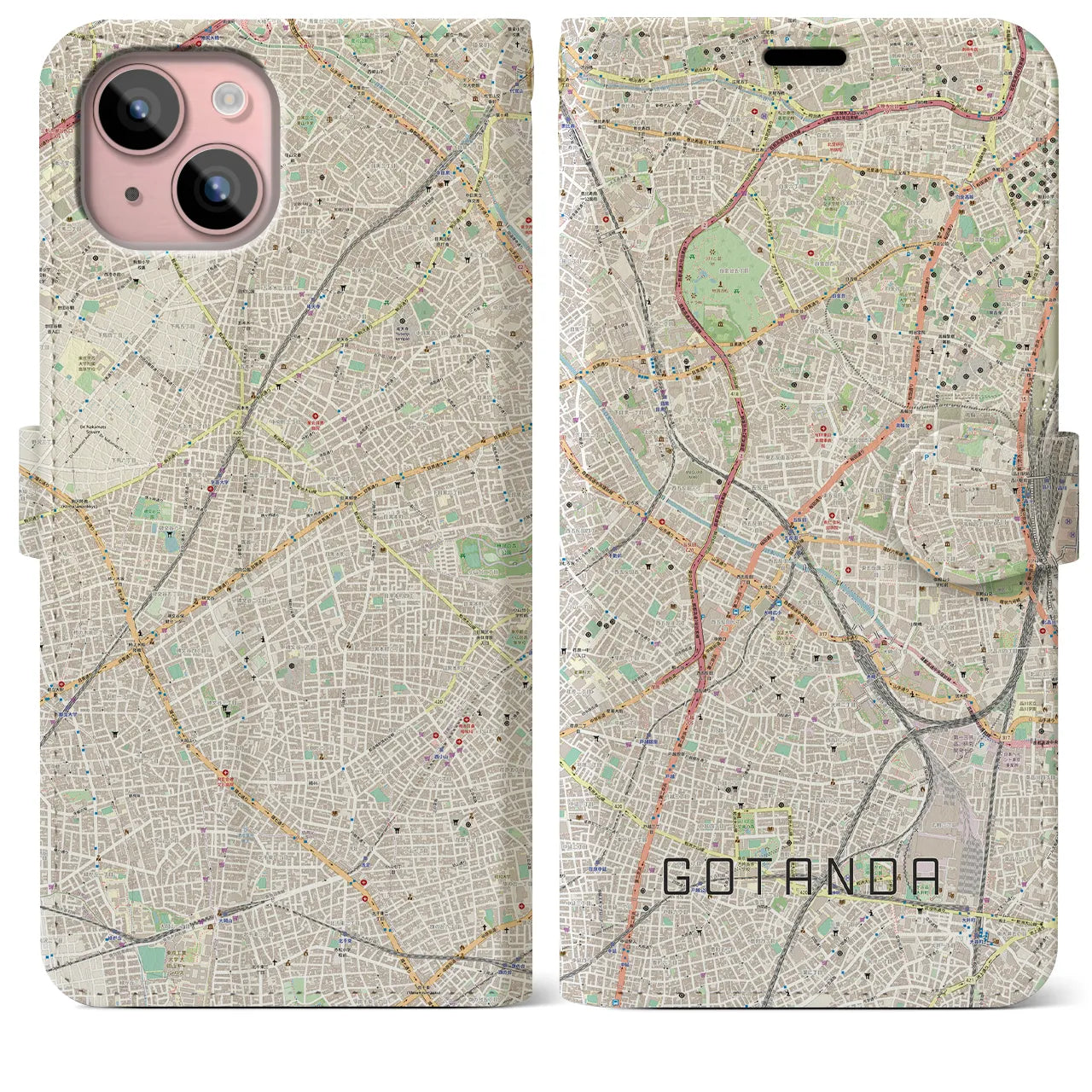 【五反田】地図柄iPhoneケース（手帳両面タイプ・ナチュラル）iPhone 15 Plus 用