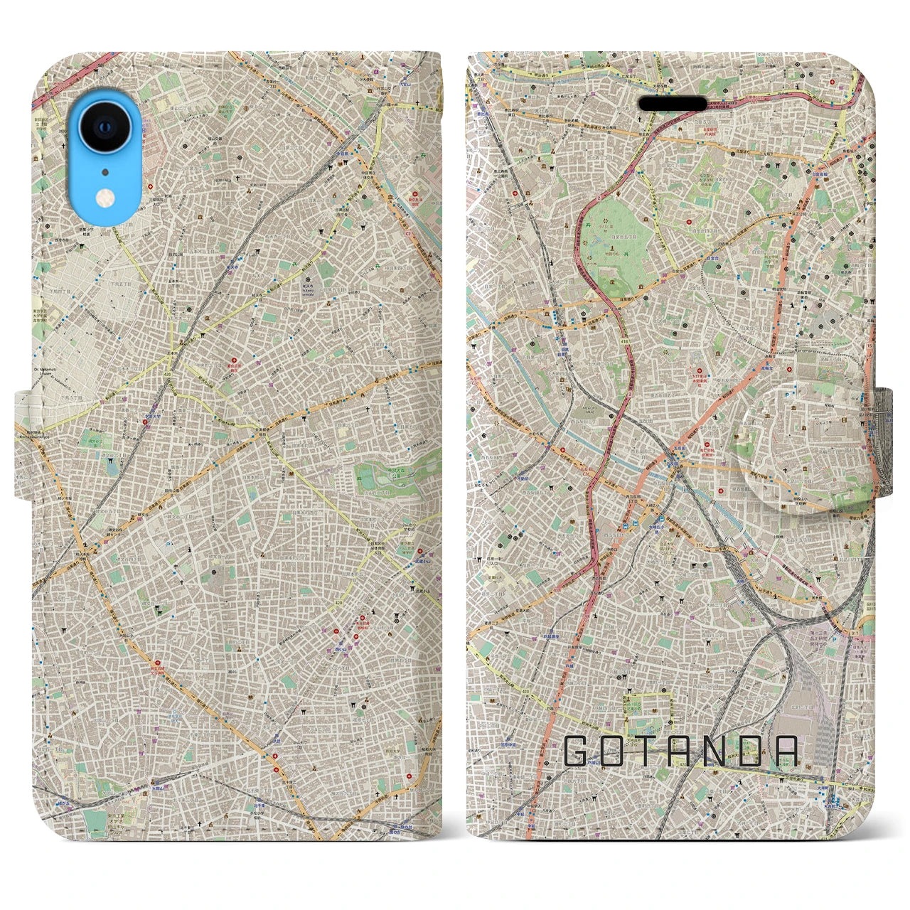 【五反田】地図柄iPhoneケース（手帳両面タイプ・ナチュラル）iPhone XR 用
