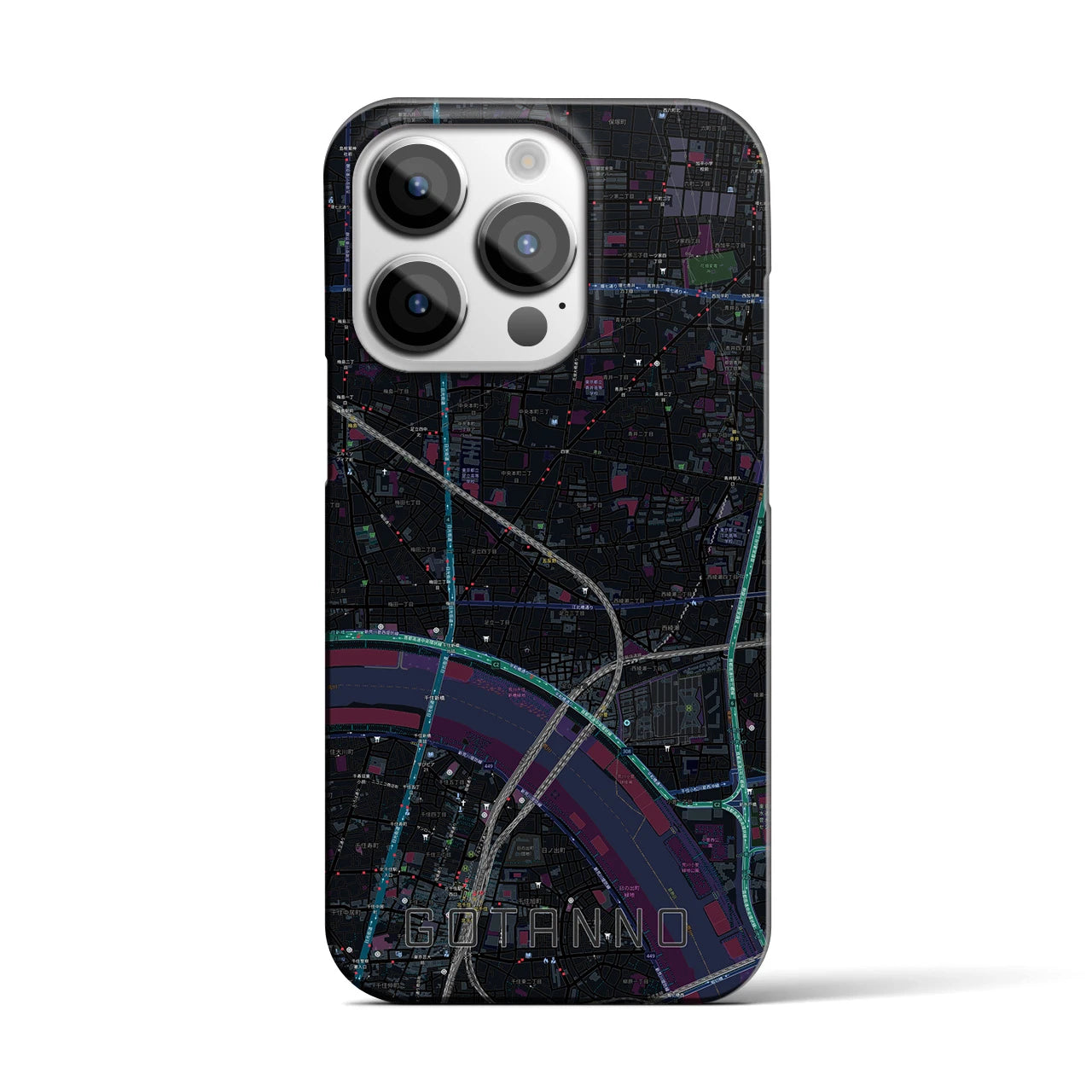 【五反野】地図柄iPhoneケース（バックカバータイプ・ブラック）iPhone 14 Pro 用