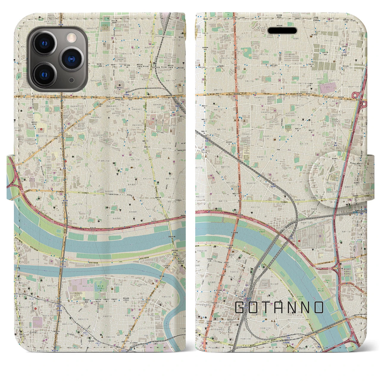 【五反野】地図柄iPhoneケース（手帳両面タイプ・ナチュラル）iPhone 11 Pro Max 用
