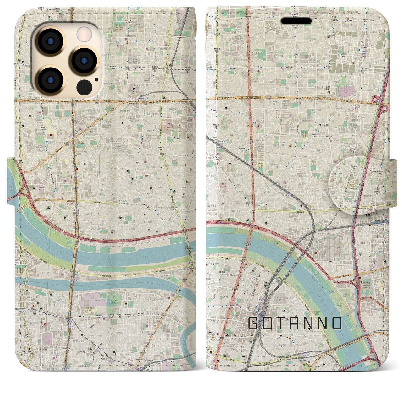 【五反野】地図柄iPhoneケース（手帳両面タイプ・ナチュラル）iPhone 12 Pro Max 用