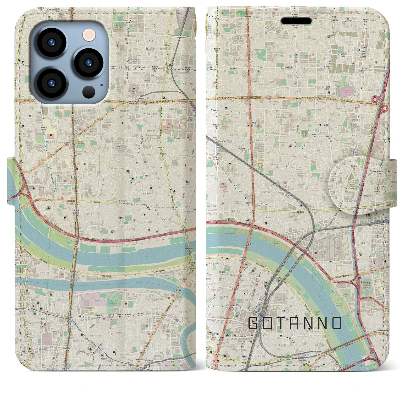 【五反野】地図柄iPhoneケース（手帳両面タイプ・ナチュラル）iPhone 13 Pro Max 用