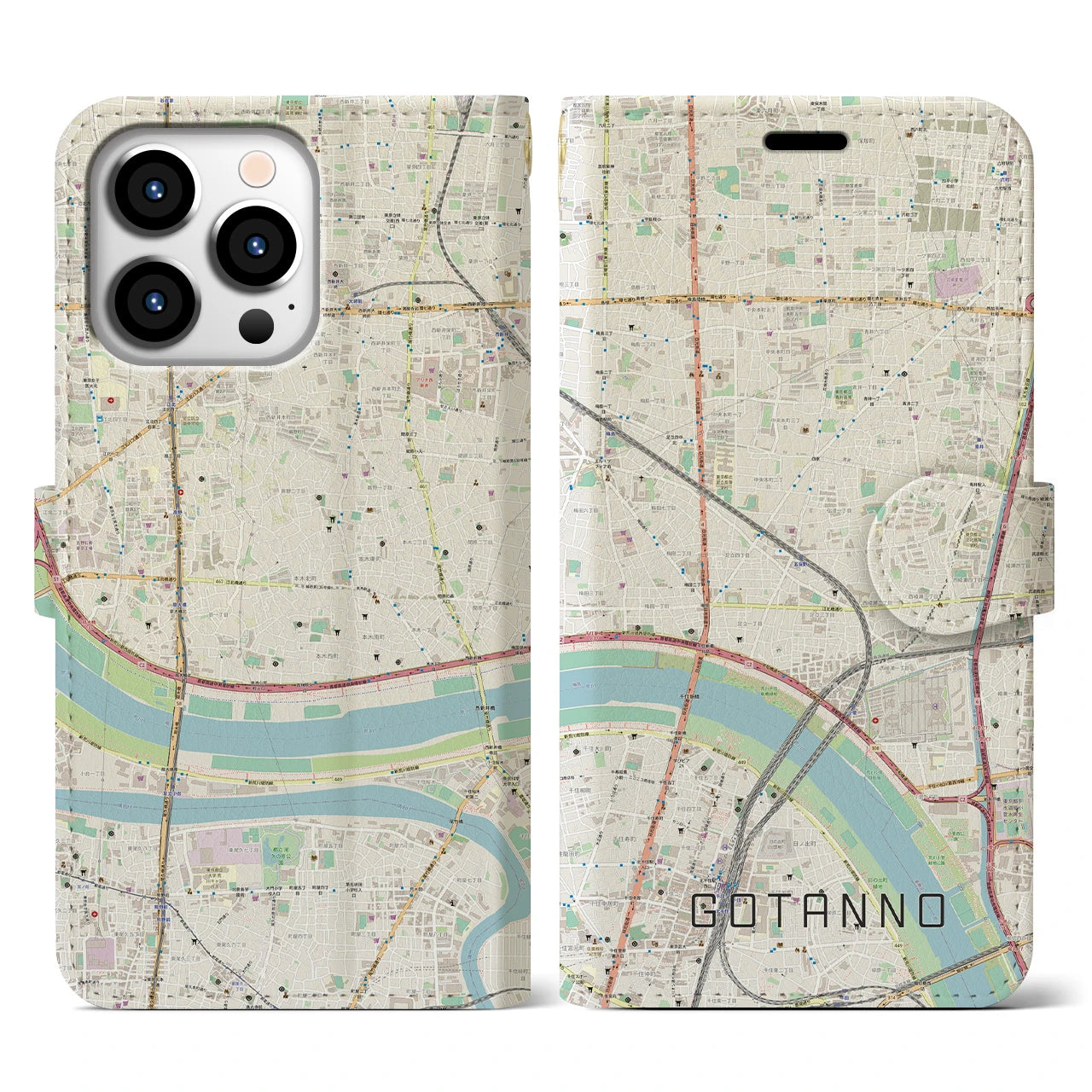 【五反野】地図柄iPhoneケース（手帳両面タイプ・ナチュラル）iPhone 13 Pro 用
