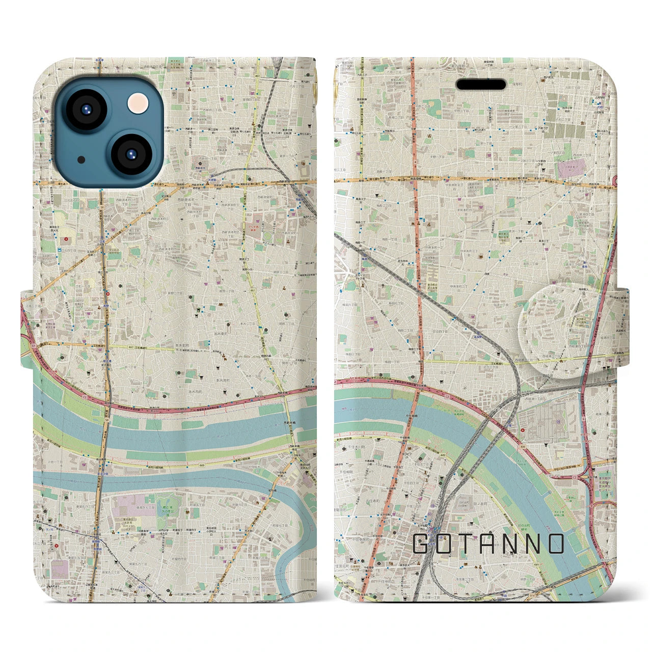 【五反野】地図柄iPhoneケース（手帳両面タイプ・ナチュラル）iPhone 13 用