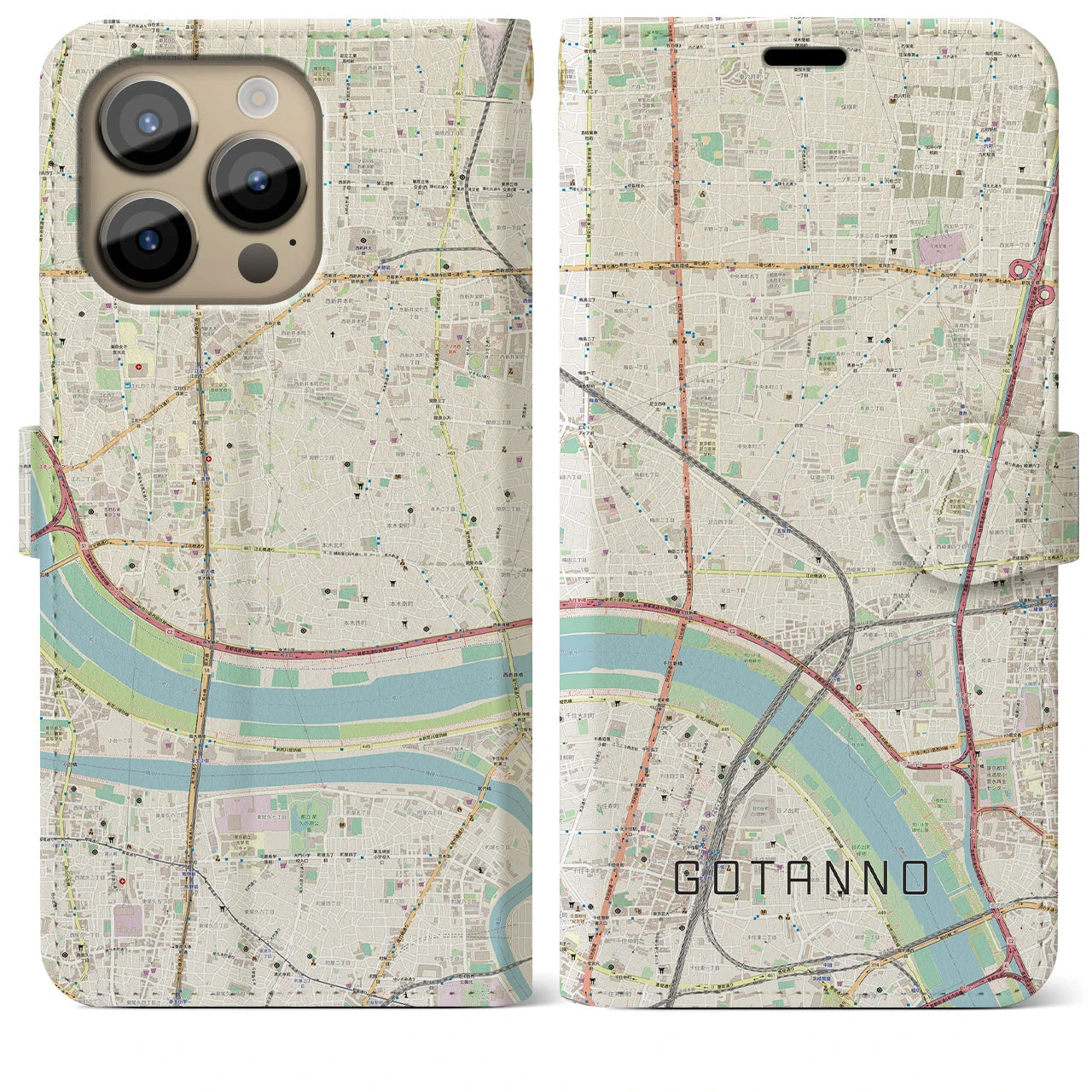 【五反野】地図柄iPhoneケース（手帳両面タイプ・ナチュラル）iPhone 14 Pro Max 用