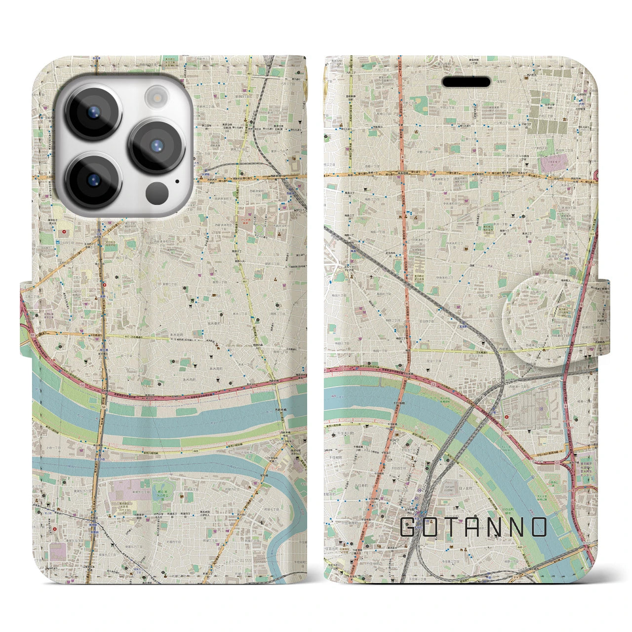 【五反野】地図柄iPhoneケース（手帳両面タイプ・ナチュラル）iPhone 14 Pro 用
