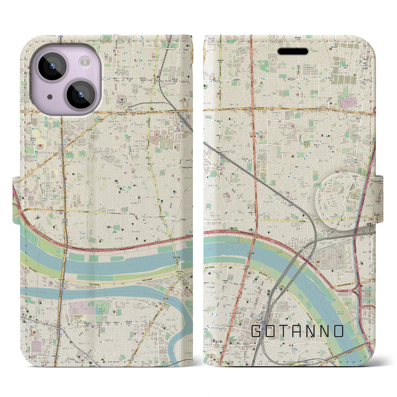 【五反野】地図柄iPhoneケース（手帳両面タイプ・ナチュラル）iPhone 14 用