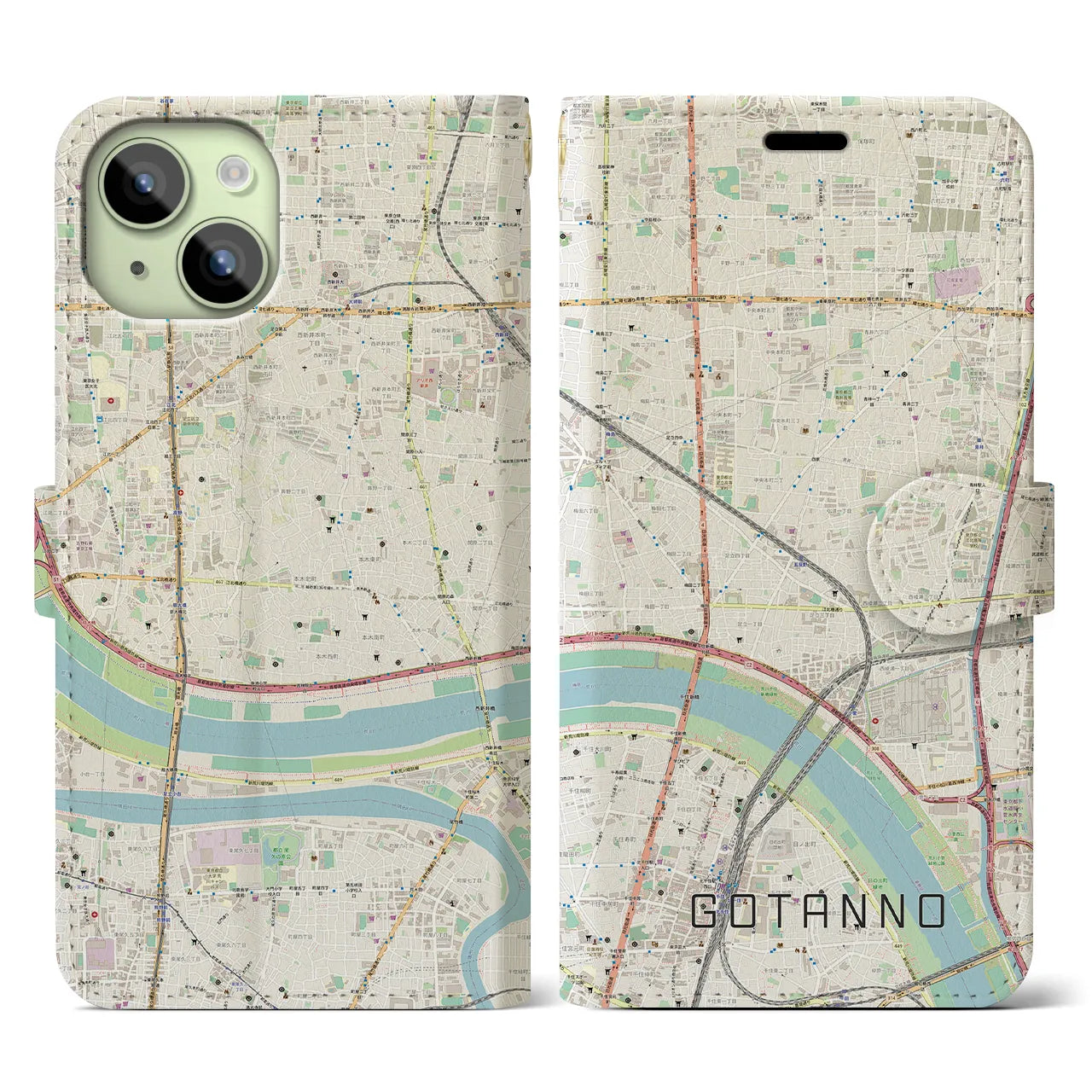 【五反野】地図柄iPhoneケース（手帳両面タイプ・ナチュラル）iPhone 15 用