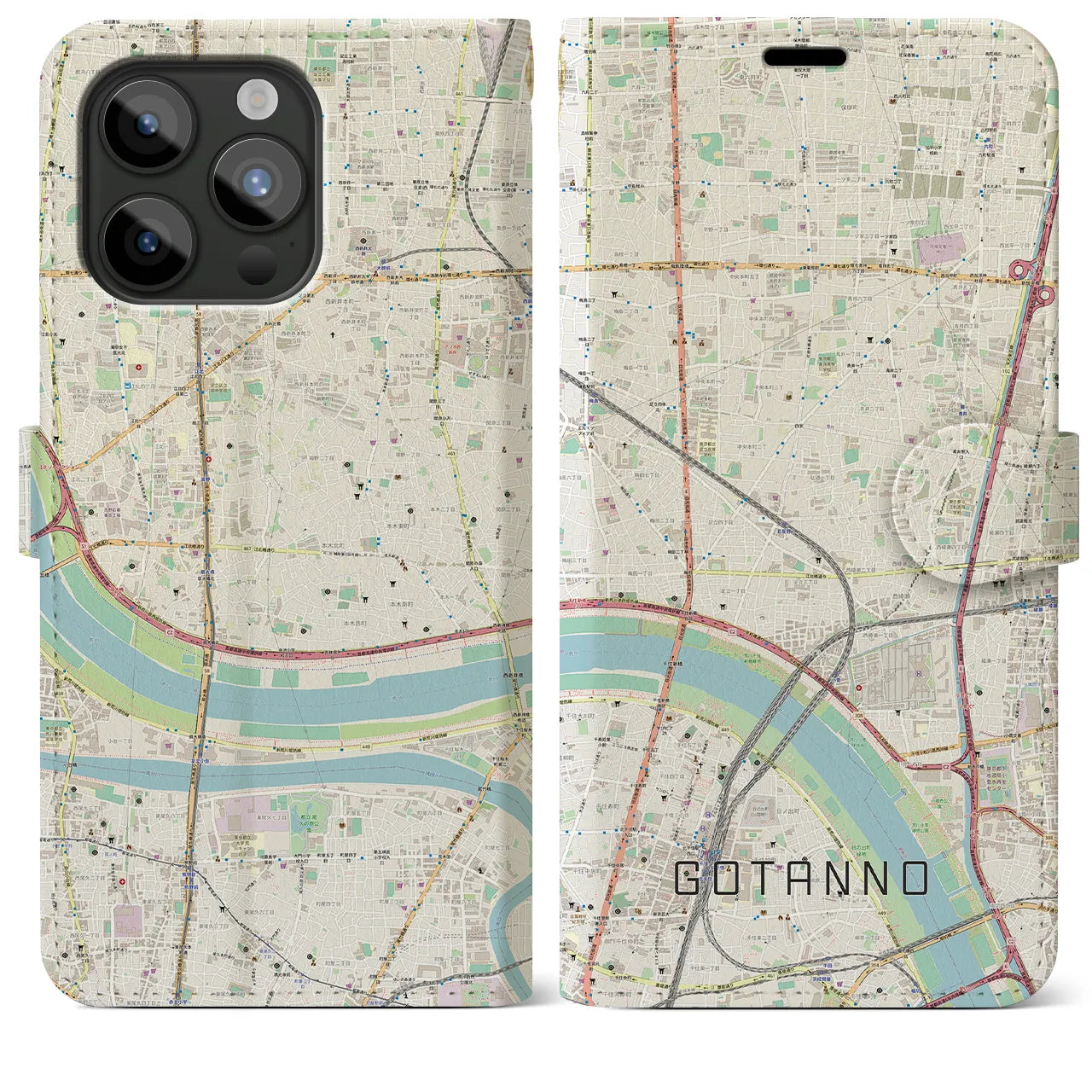 【五反野】地図柄iPhoneケース（手帳両面タイプ・ナチュラル）iPhone 15 Pro Max 用