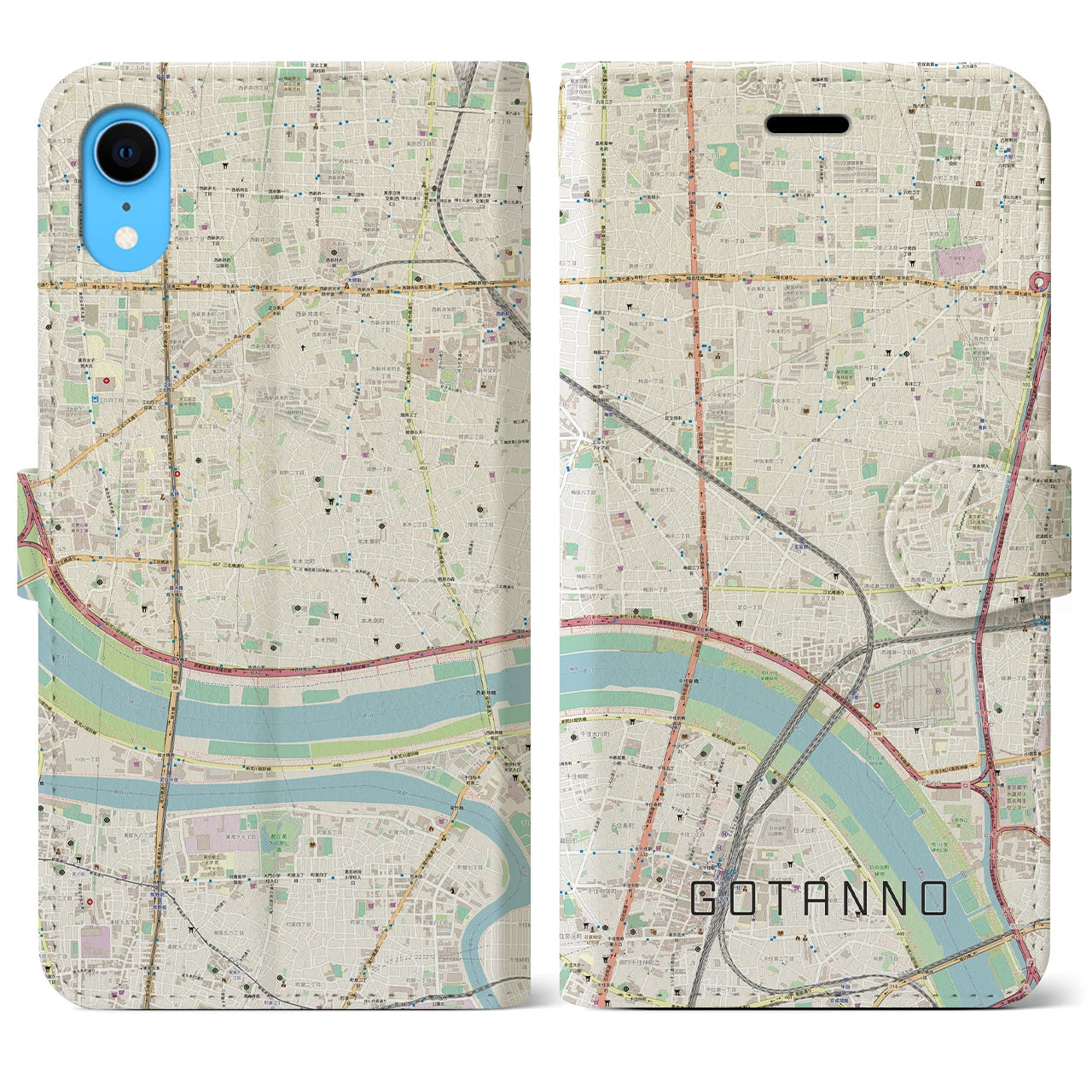 【五反野】地図柄iPhoneケース（手帳両面タイプ・ナチュラル）iPhone XR 用