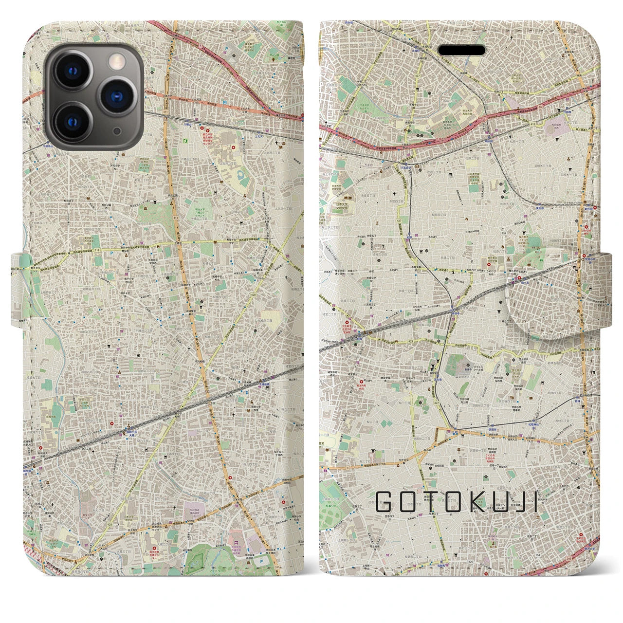 【豪徳寺】地図柄iPhoneケース（手帳両面タイプ・ナチュラル）iPhone 11 Pro Max 用