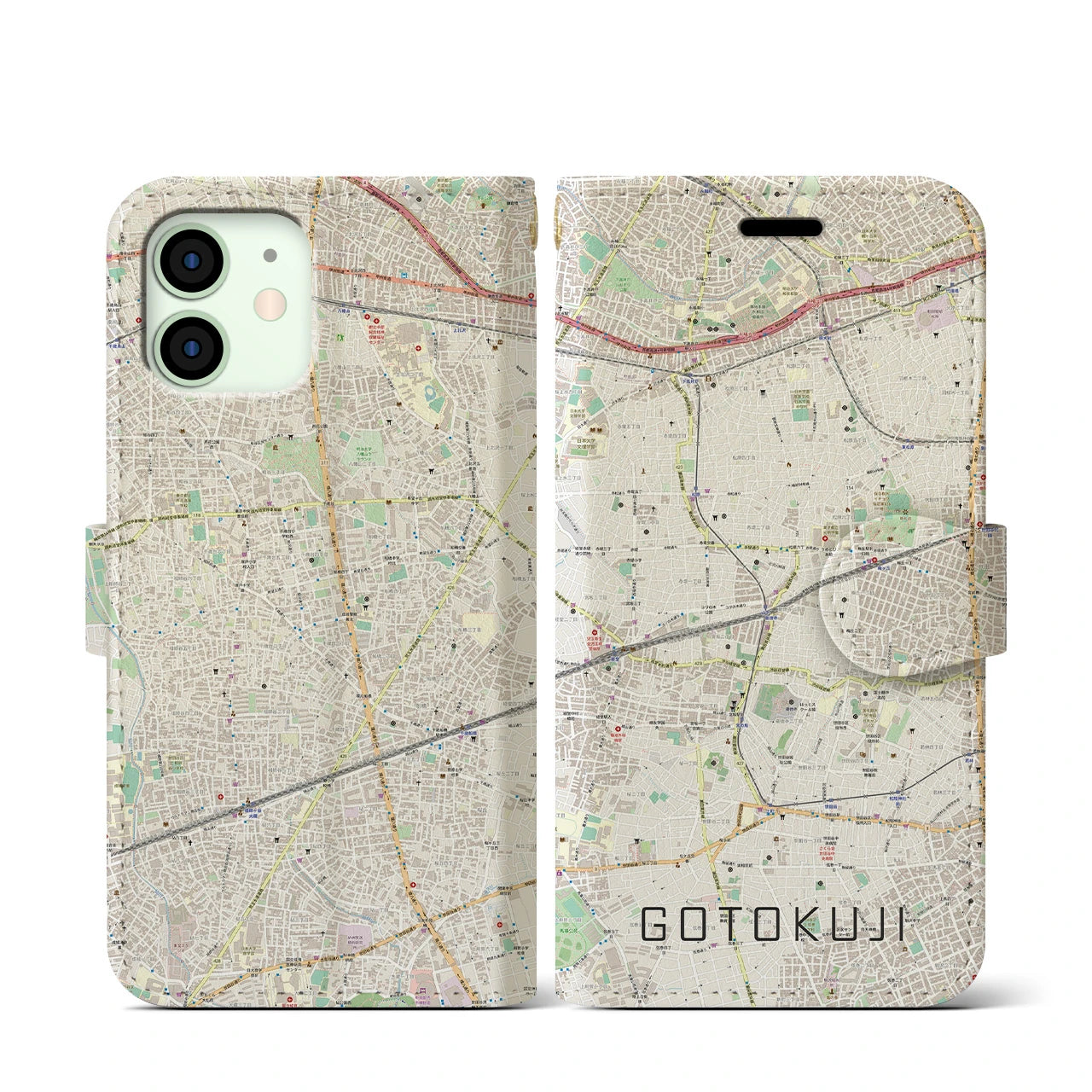 【豪徳寺】地図柄iPhoneケース（手帳両面タイプ・ナチュラル）iPhone 12 mini 用