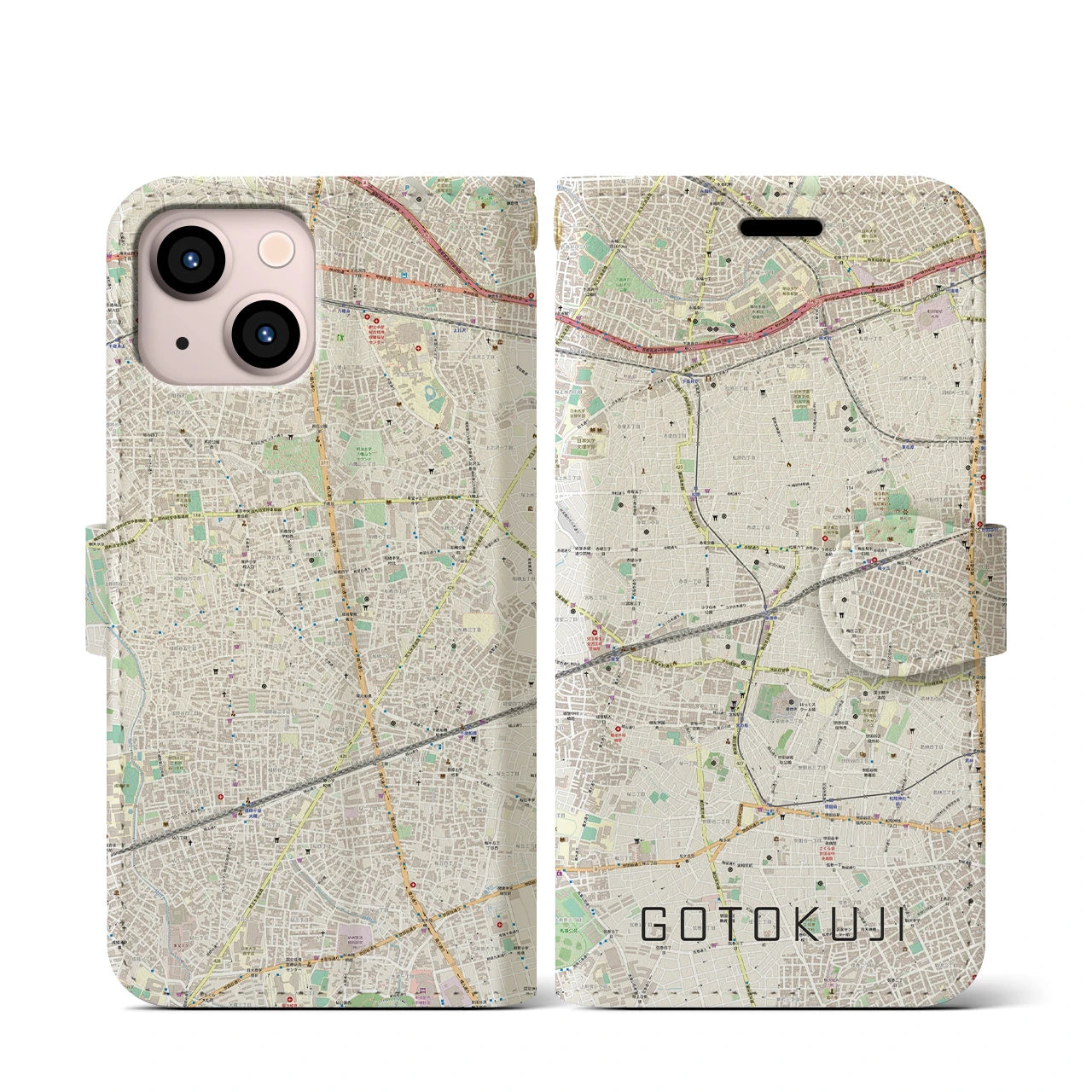 【豪徳寺】地図柄iPhoneケース（手帳両面タイプ・ナチュラル）iPhone 13 mini 用