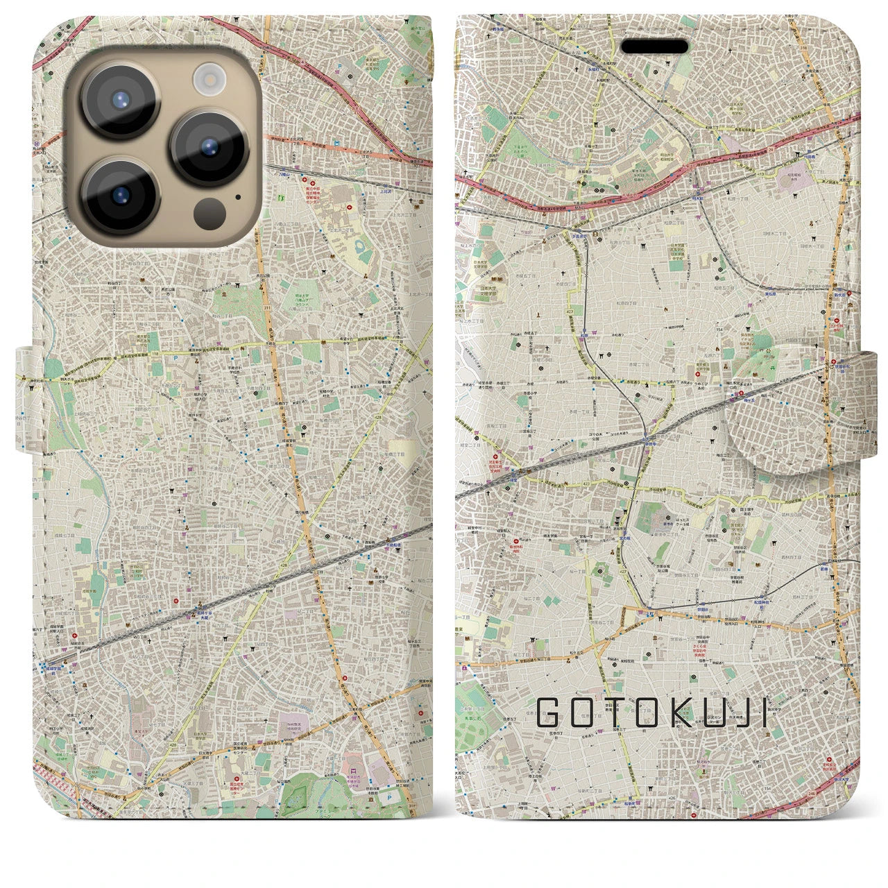 【豪徳寺】地図柄iPhoneケース（手帳両面タイプ・ナチュラル）iPhone 14 Pro Max 用