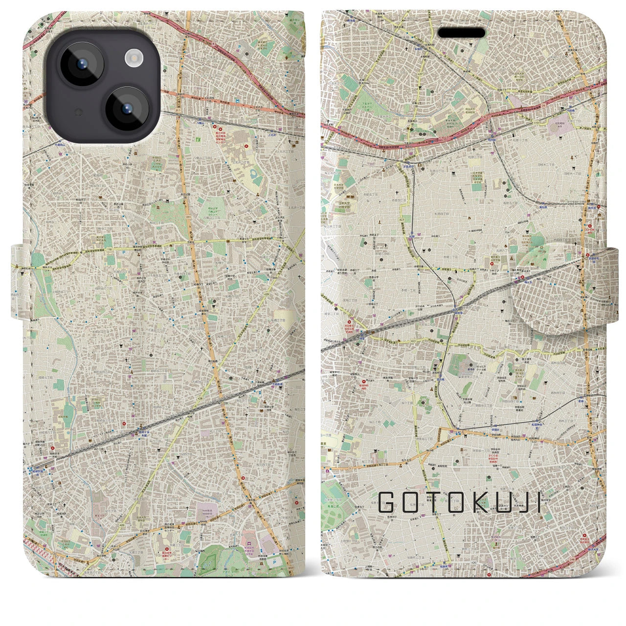 【豪徳寺】地図柄iPhoneケース（手帳両面タイプ・ナチュラル）iPhone 14 Plus 用