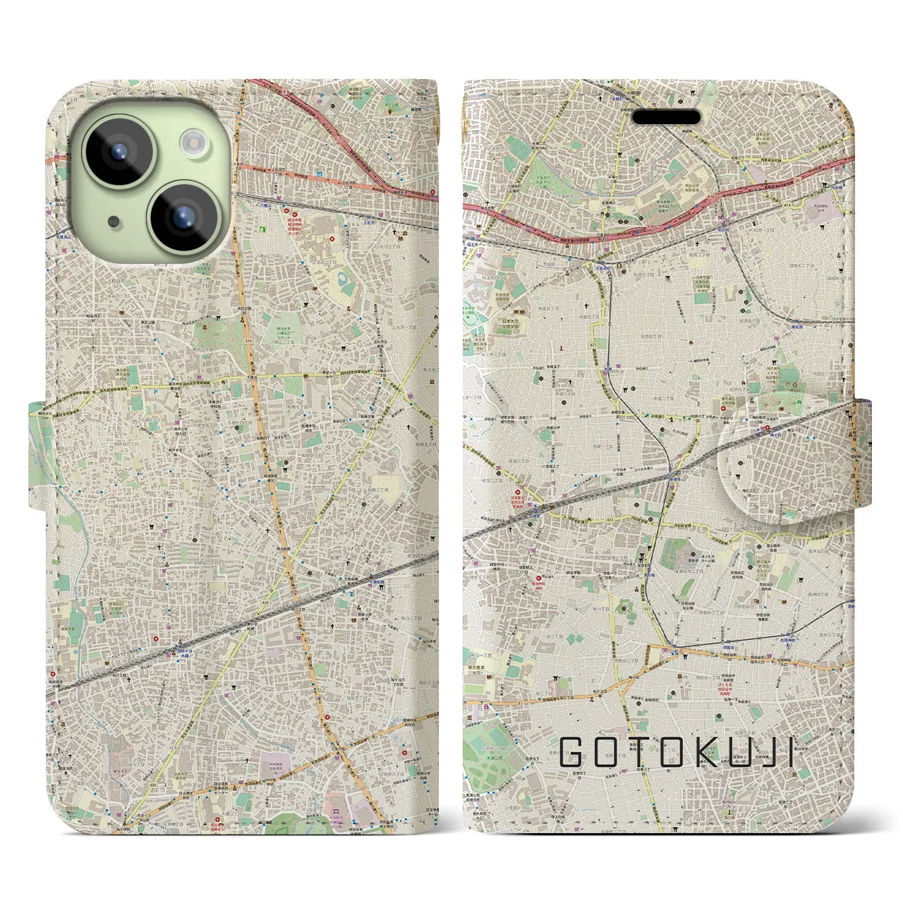 【豪徳寺】地図柄iPhoneケース（手帳両面タイプ・ナチュラル）iPhone 15 用