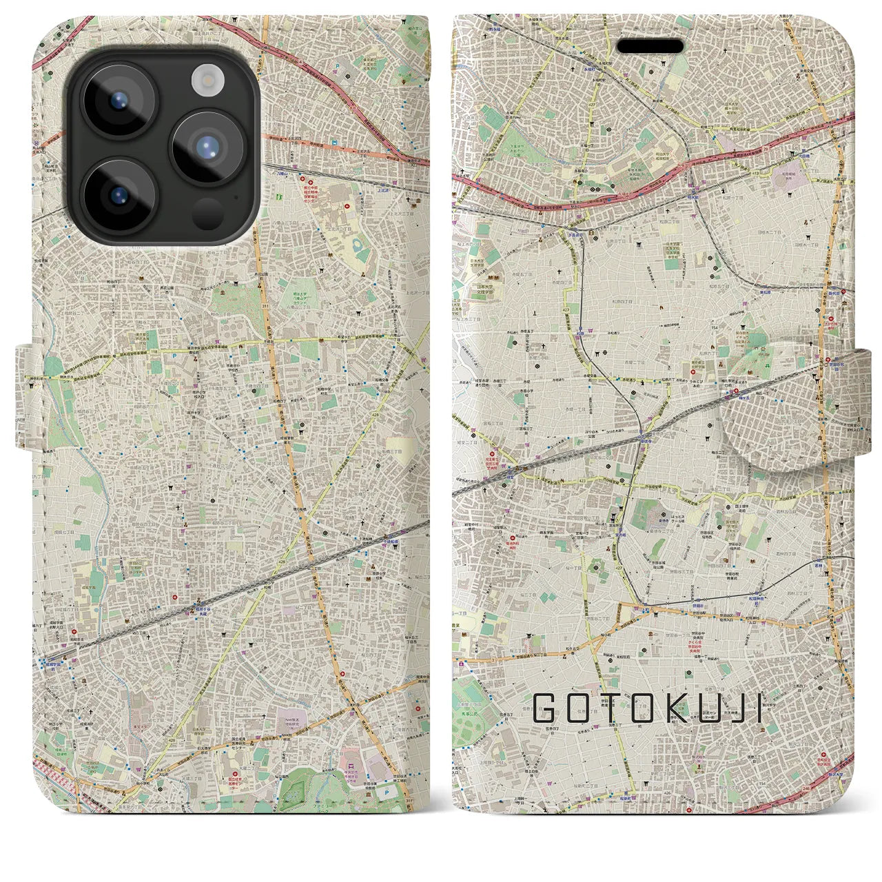 【豪徳寺】地図柄iPhoneケース（手帳両面タイプ・ナチュラル）iPhone 15 Pro Max 用