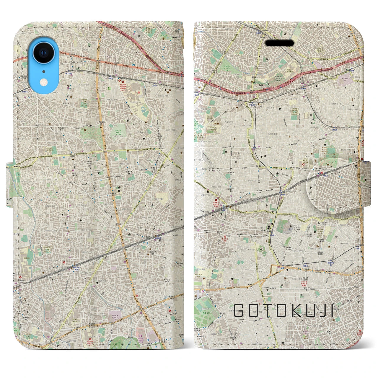 【豪徳寺】地図柄iPhoneケース（手帳両面タイプ・ナチュラル）iPhone XR 用
