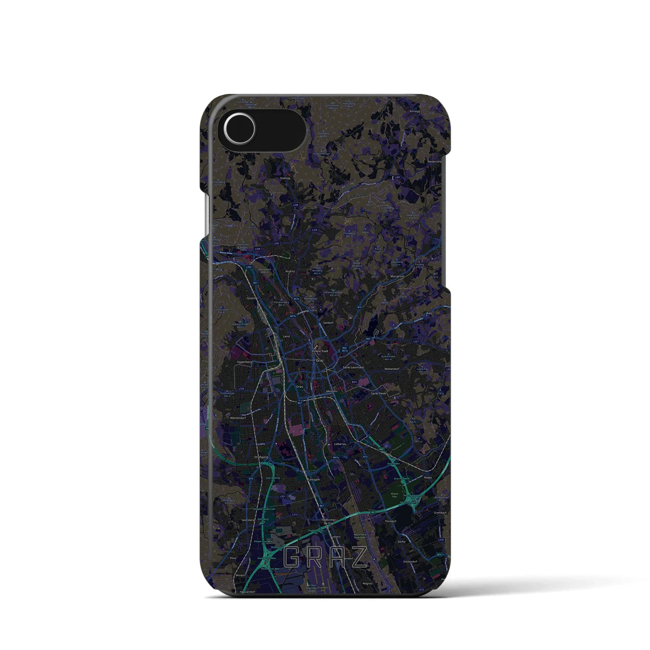 【グラーツ】地図柄iPhoneケース（バックカバータイプ・ブラック）iPhone SE（第3 / 第2世代） / 8 / 7 / 6s / 6 用
