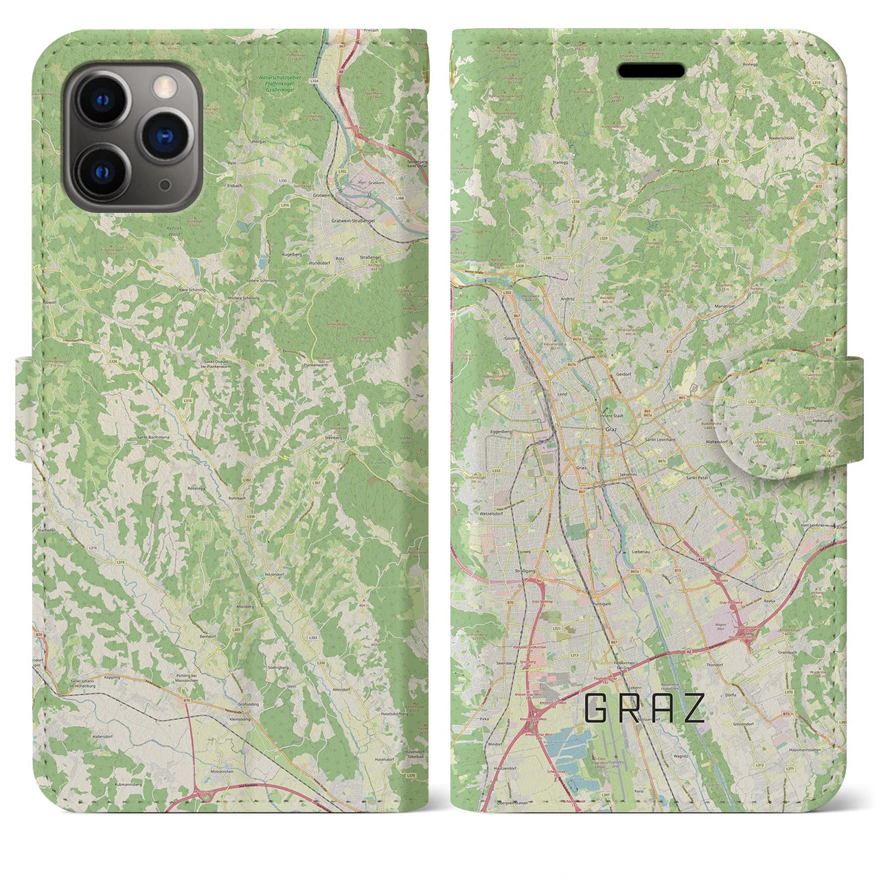 【グラーツ】地図柄iPhoneケース（手帳両面タイプ・ナチュラル）iPhone 11 Pro Max 用